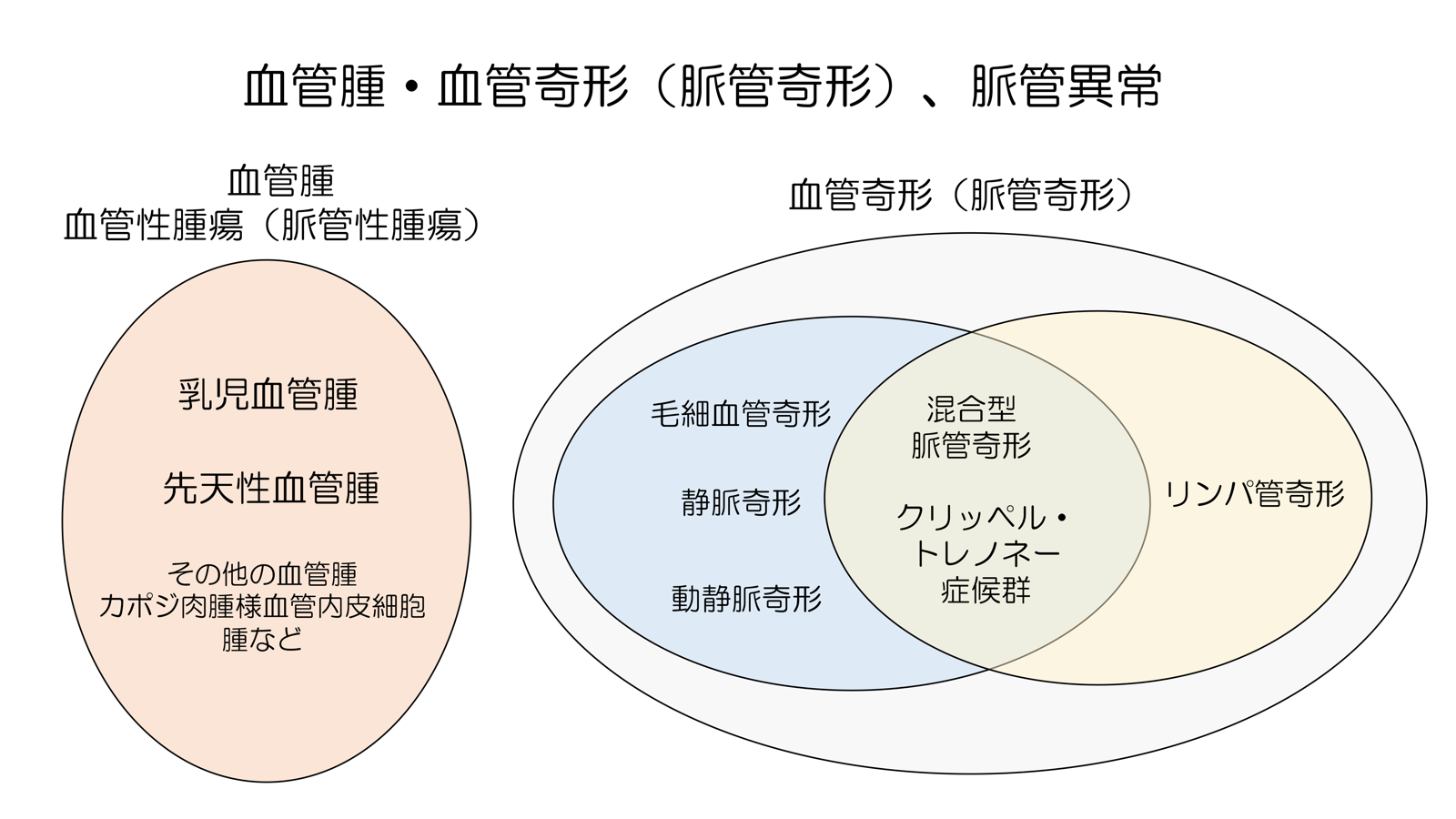 血管腫・血管奇形（脈管奇形）、脈管異常の分類図。左に血管腫（血管性腫瘍）として乳児血管腫・先天性血管腫・カポジ肉腫様血管内皮細胞腫など、右に血管奇形（脈管奇形）として毛細血管奇形・静脈奇形・動静脈奇形・リンパ管奇形・混合型脈管奇形を示す